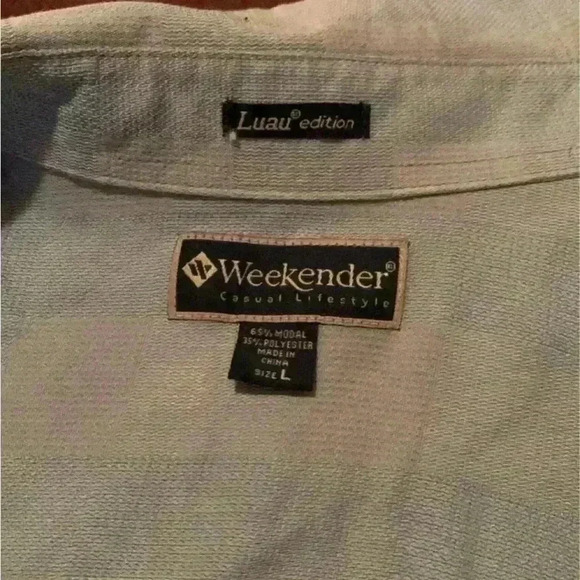 Weekender Luau Edition men short sleeve beige checked button down shirt. Sz L - Picture 4 of 6